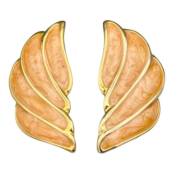 VINTAGE 80s Classic Glamour Gold & Peach Swirl Winged Thick Enamel Stud Earrings - Picture 2 of 8